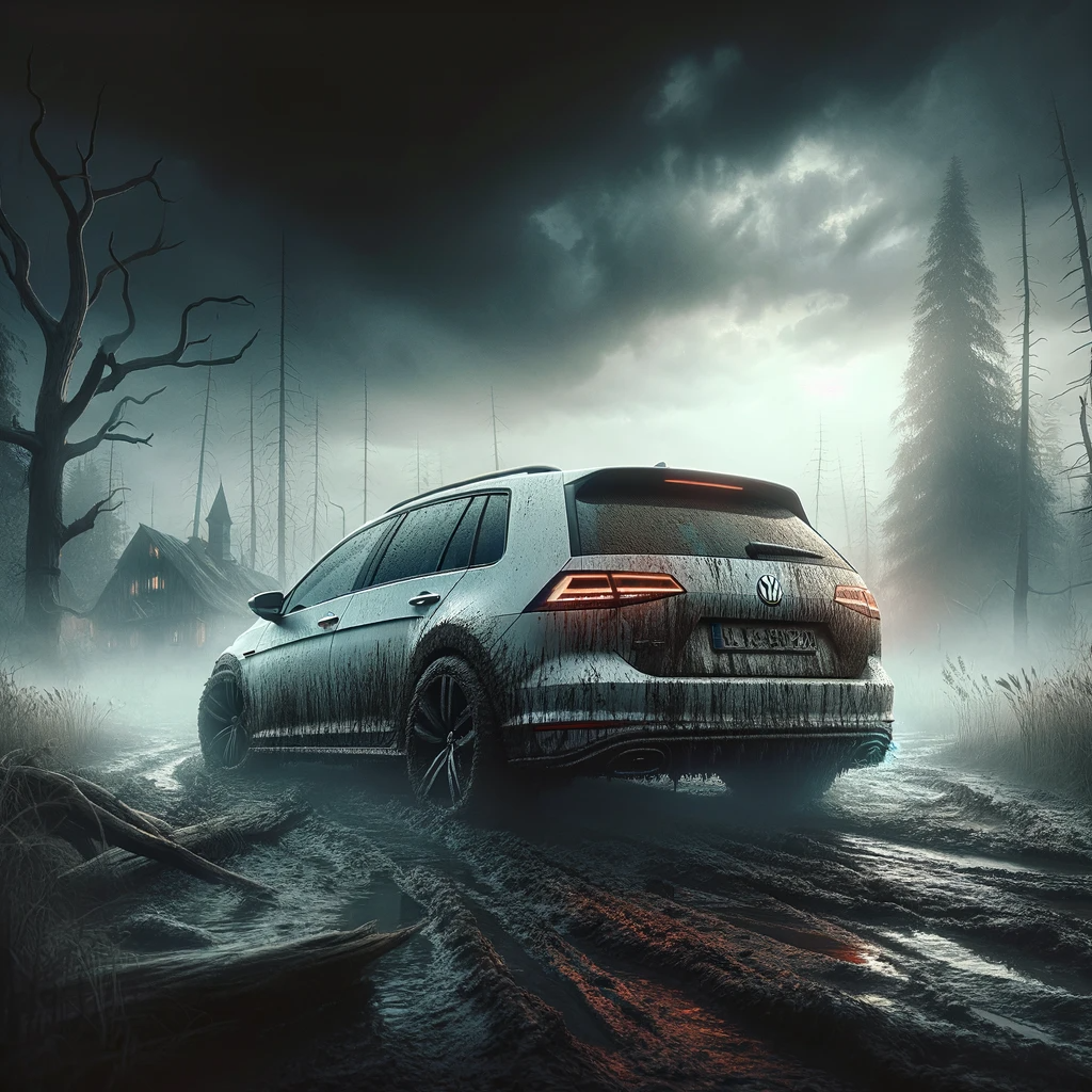 DALL·E 2023-12-07 22.40.07 - Create a dark and malevolent image of a white Volkswagen Golf Est...png